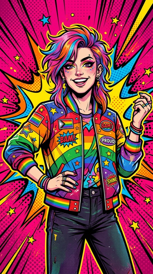 Pop-art portrait of a queer student in pride colors