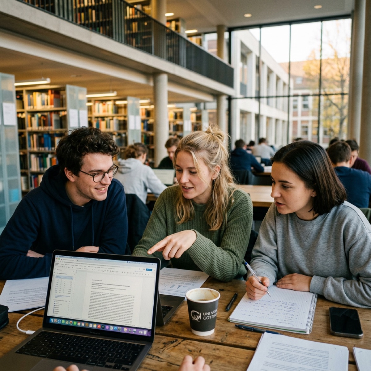 Three students reading together in a campus library